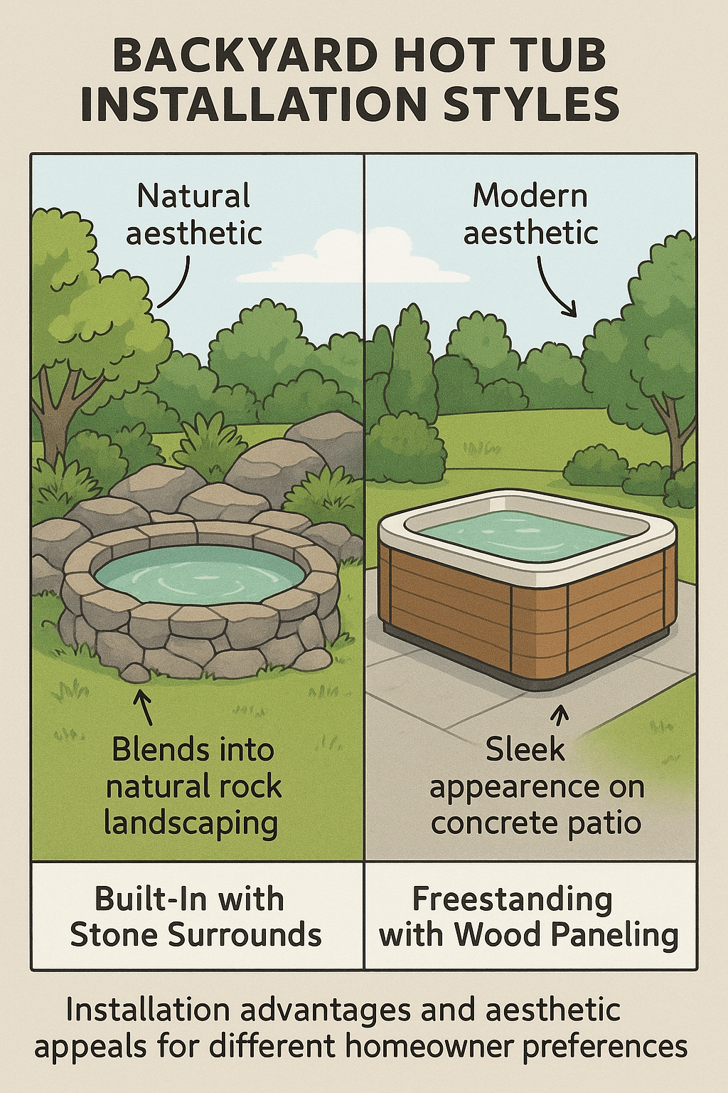 Comparison of built in stone hot tub versus freestanding wood panel hot tub for backyard hot tub ide