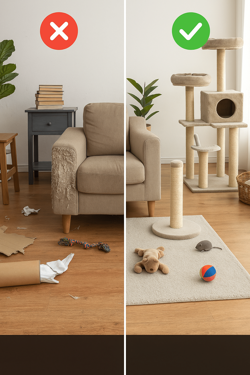 Comparison of rooms with and without cat friendly items to stop cat scratching furniture