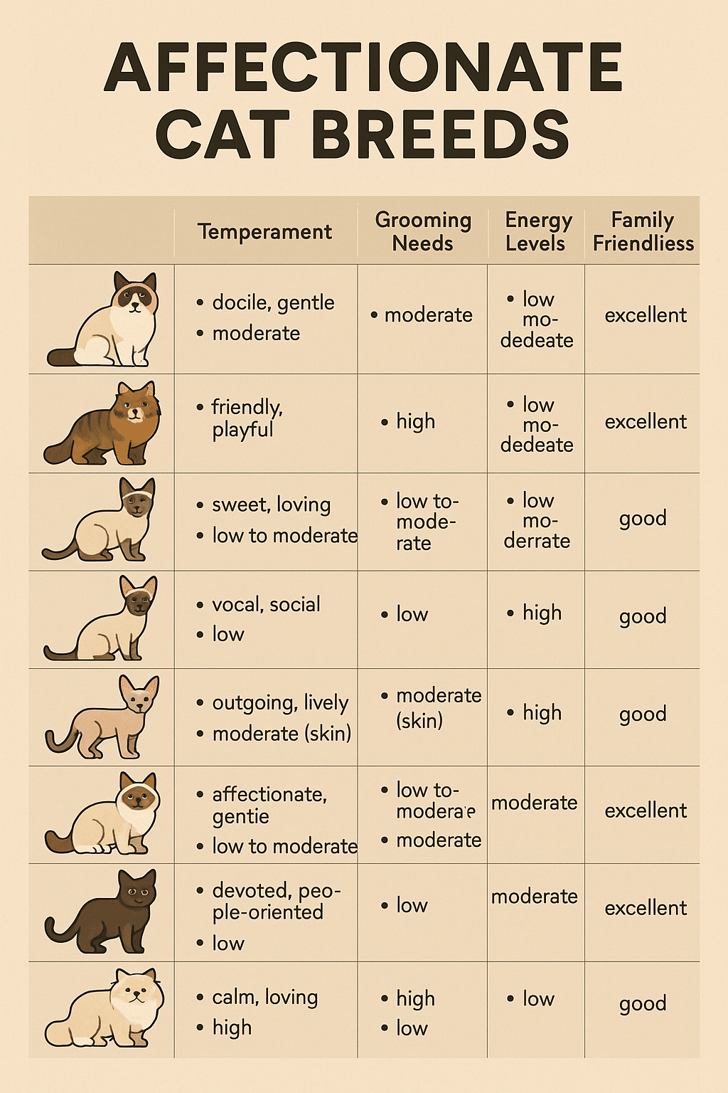 Comparison table of affectionate cat breeds with traits for families and pet owners