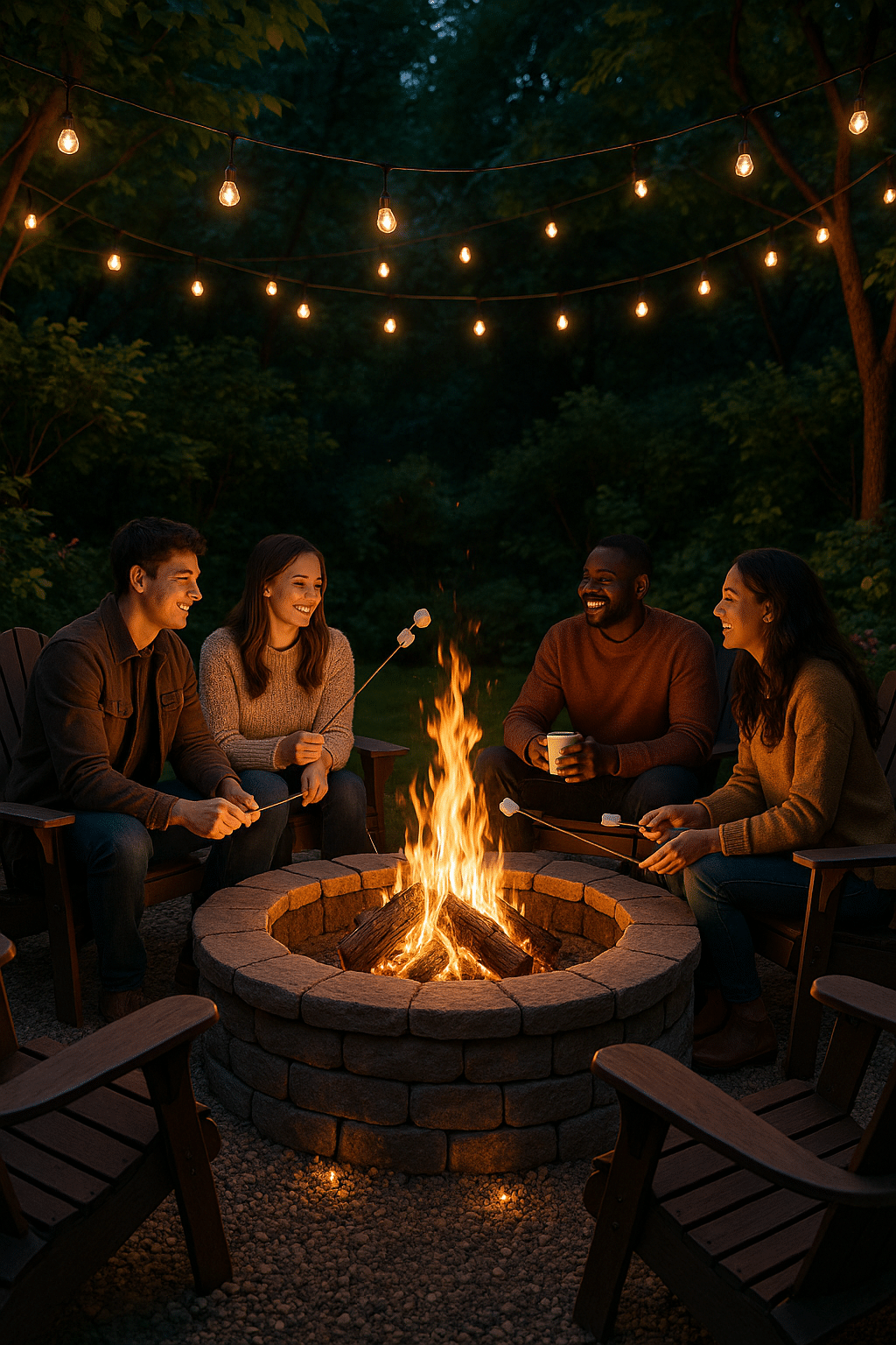 Cozy backyard featuring a glowing stone fire pit surrounded by seating and ambient lighting