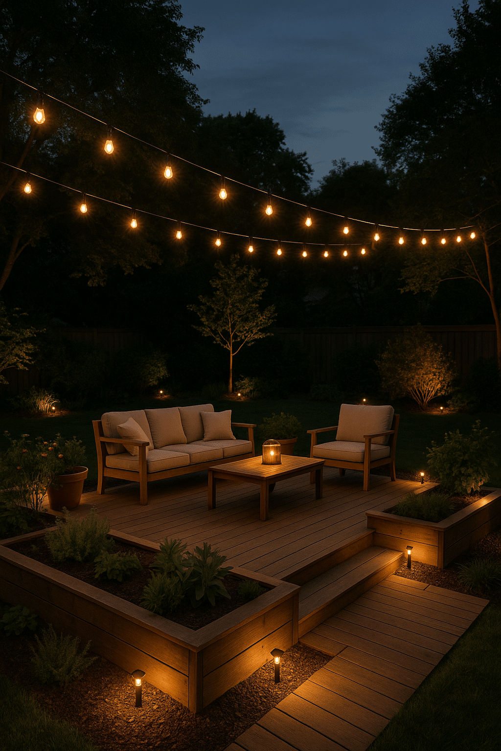 Cozy backyard landscaping idea with string lights and raised garden beds for outdoor living