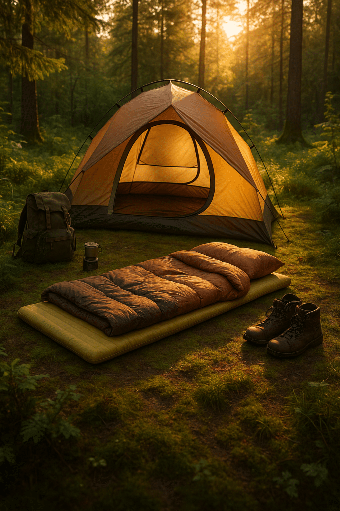 Cozy camping mattress setup in forest clearing symbolizing best camping mattresses for outdoor enthusiasts