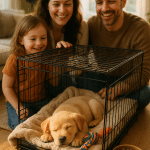 Cozy, happy puppy inside crate symbolizing successful crate training a puppy