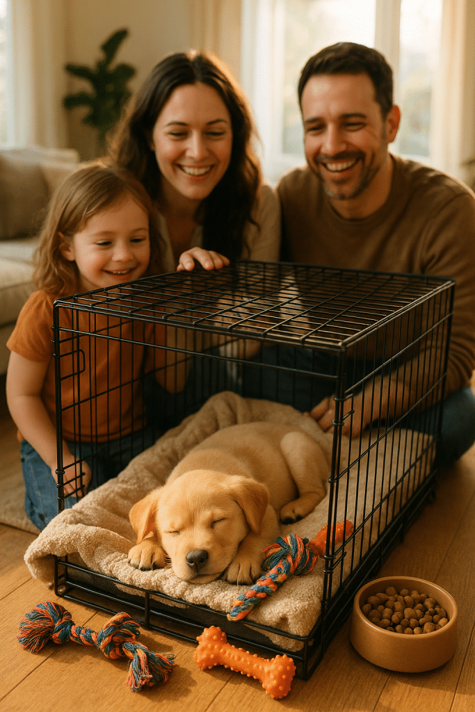 Cozy, happy puppy inside crate symbolizing successful crate training a puppy
