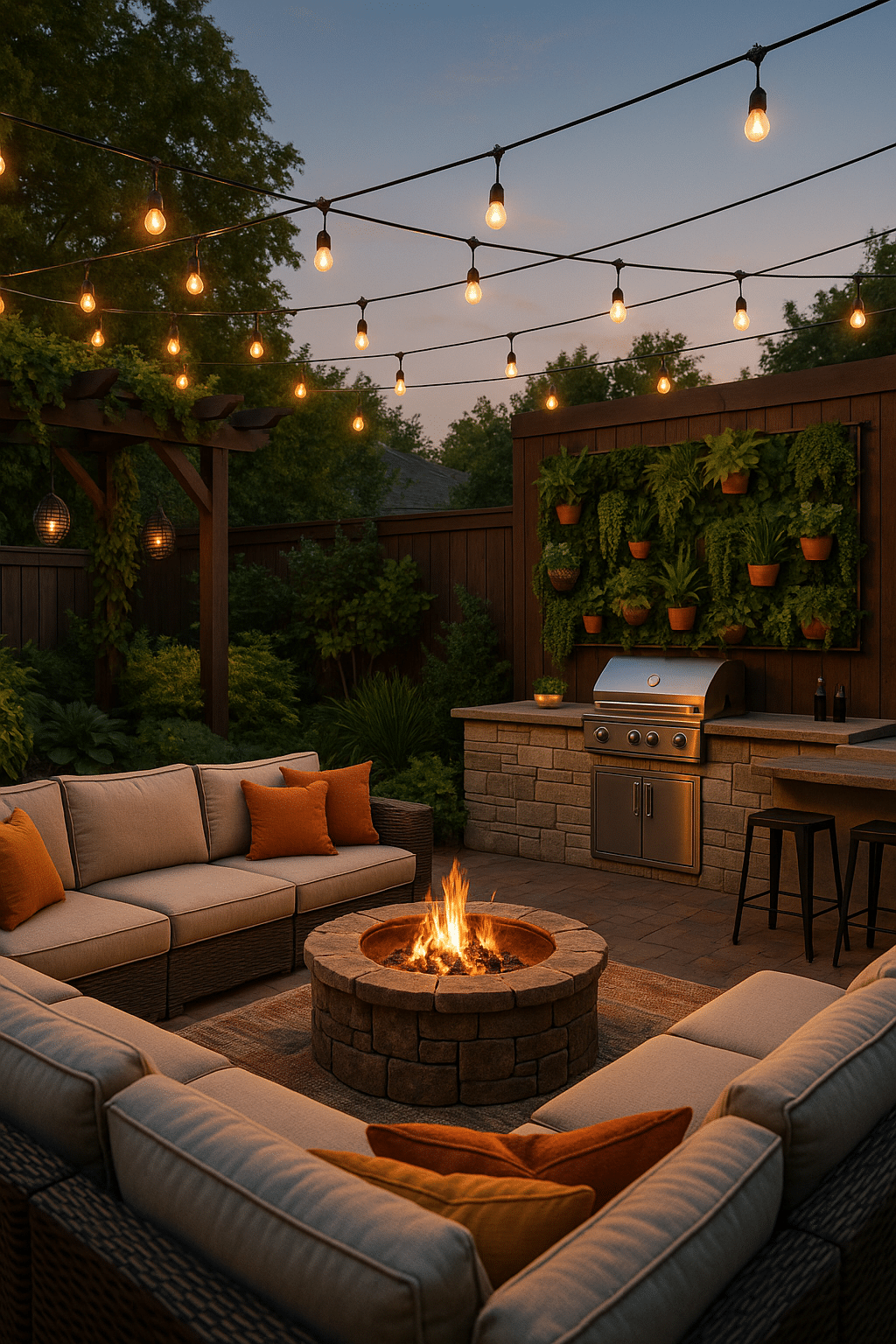 Cozy outdoor living ideas with fire pit kitchen and vertical garden for homeowners