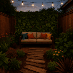 Cozy small backyard design with seating, vertical garden, string lights, and lush plants at dusk.