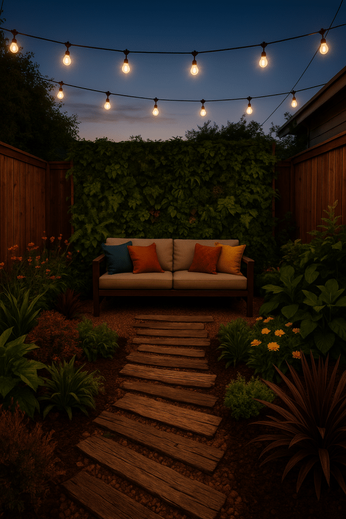 Cozy small backyard design with seating, vertical garden, string lights, and lush plants at dusk.