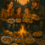 Creative and practical camping meal ideas enjoyed outdoors by a family around a campfire.