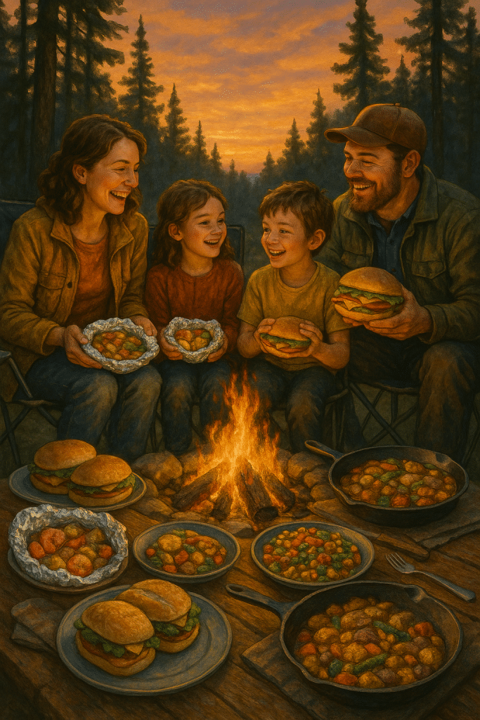 Creative and practical camping meal ideas enjoyed outdoors by a family around a campfire.