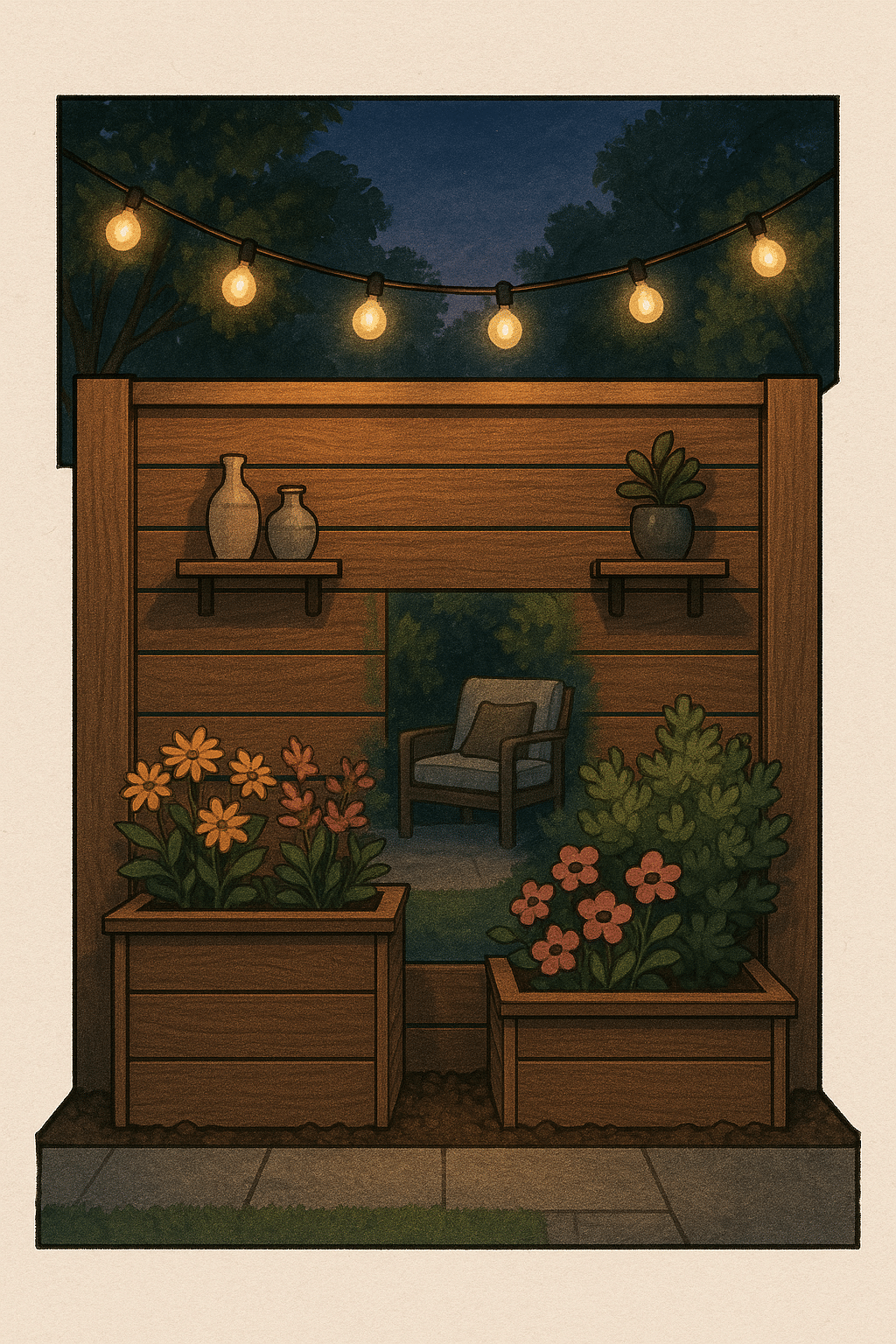 Creative wooden fence design with planter boxes and lighting for backyard privacy ideas