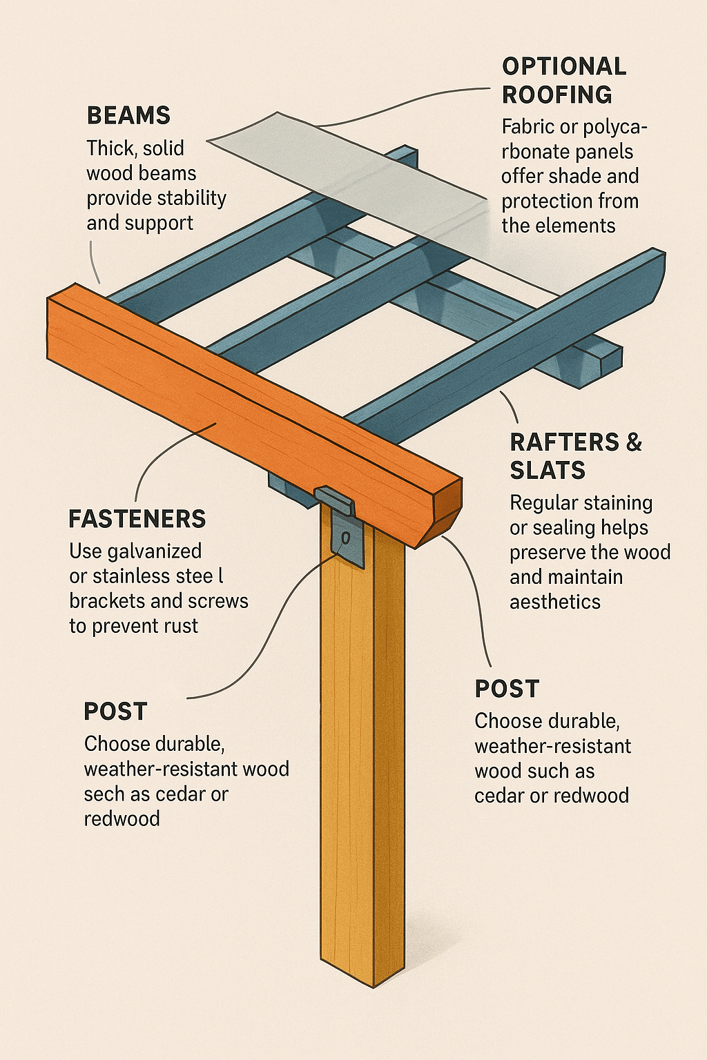 Cross section diagram of backyard pergola ideas showing materials and construction details