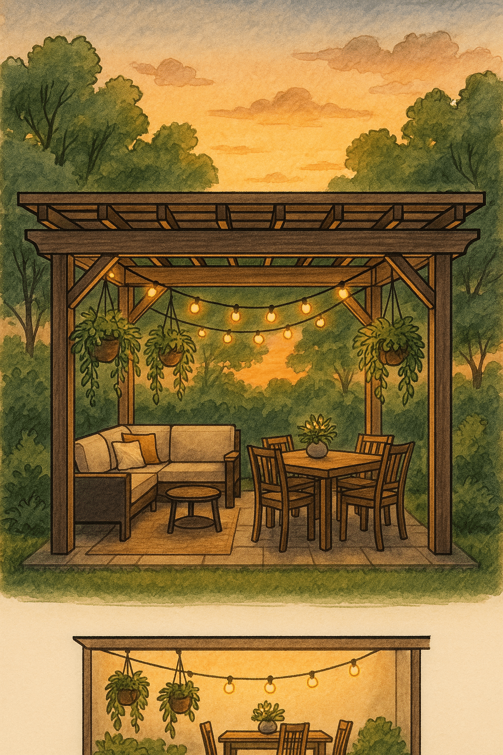 Cross section of a backyard pergola with seating and lighting illustrating backyard design ideas
