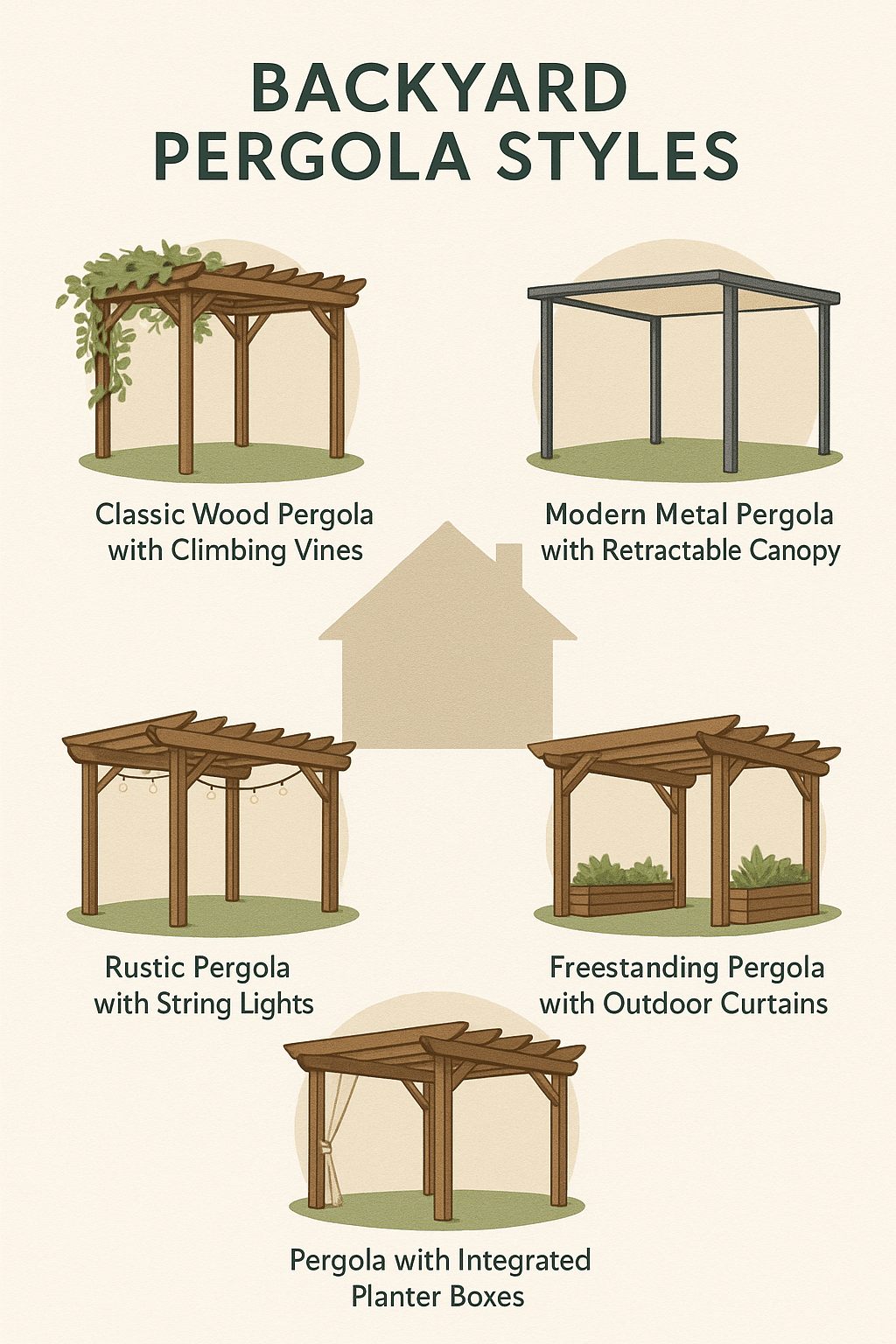 Custom backyard pergola ideas diagram highlighting five popular pergola styles for outdoor living