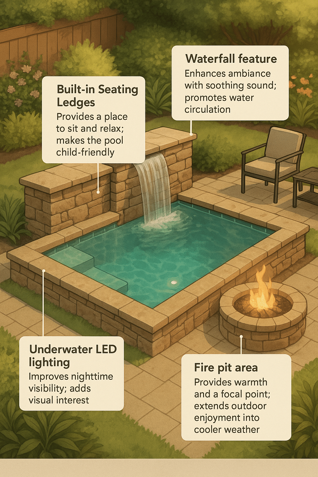 Cutaway diagram of creative backyard pool design ideas integrating seating lighting and waterfall