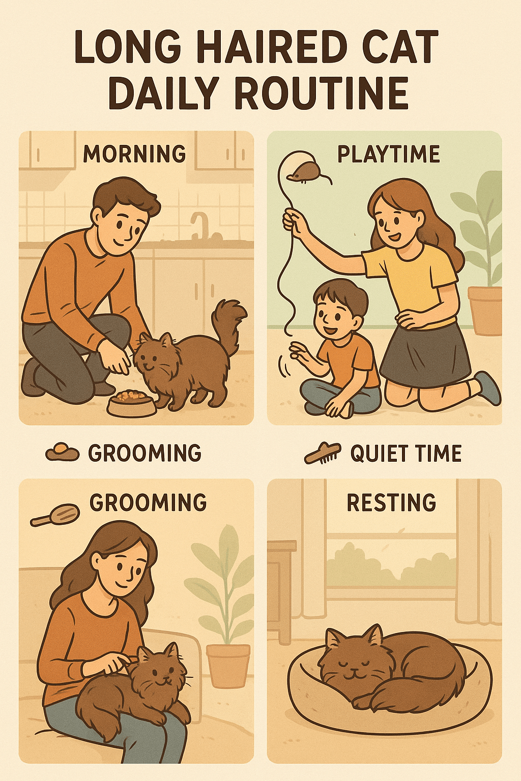 Daily routine and training for long haired cat breeds in family homes
