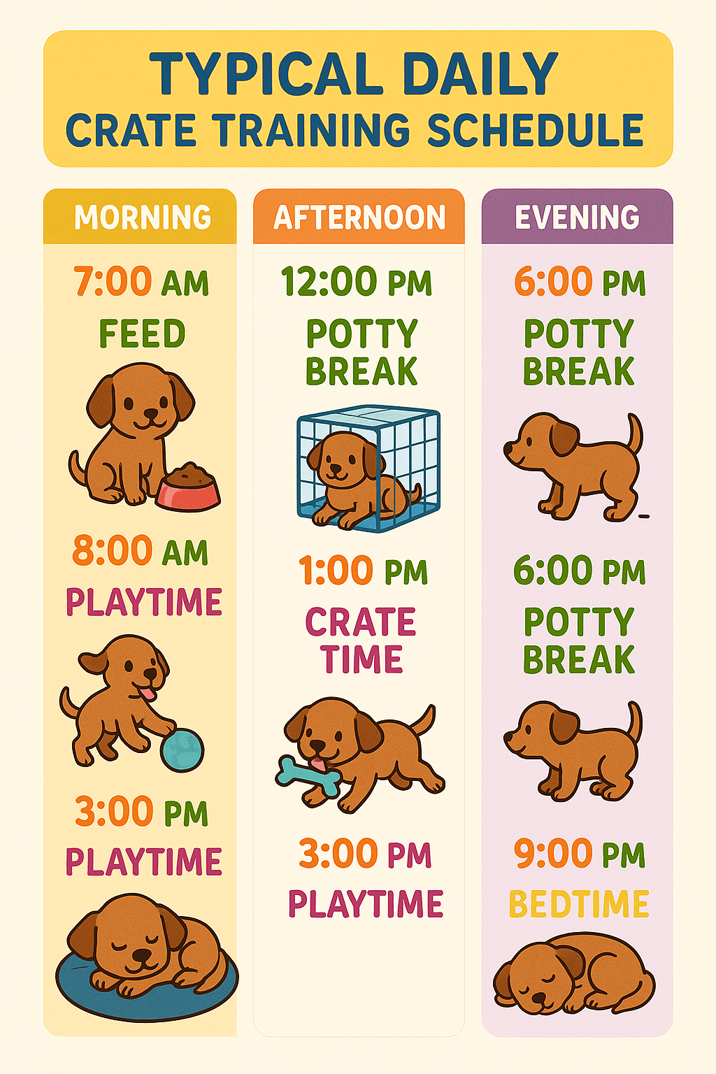 Daily timeline diagram for crate training a puppy showcasing ideal routine