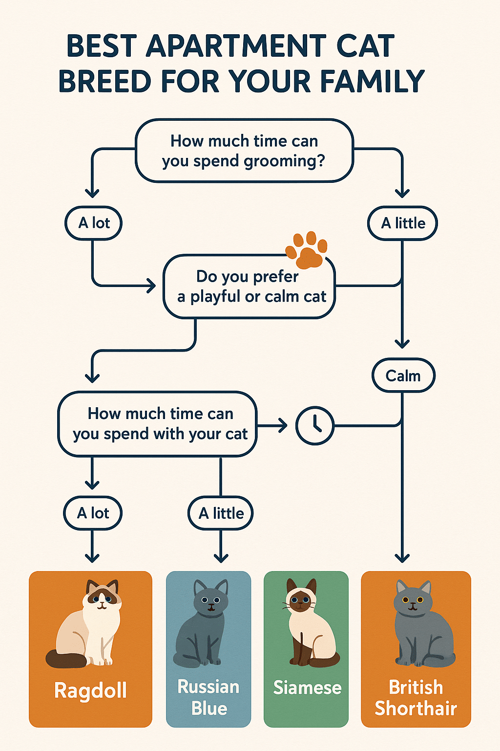 Decision flowchart guiding families to the best cats for apartments by lifestyle