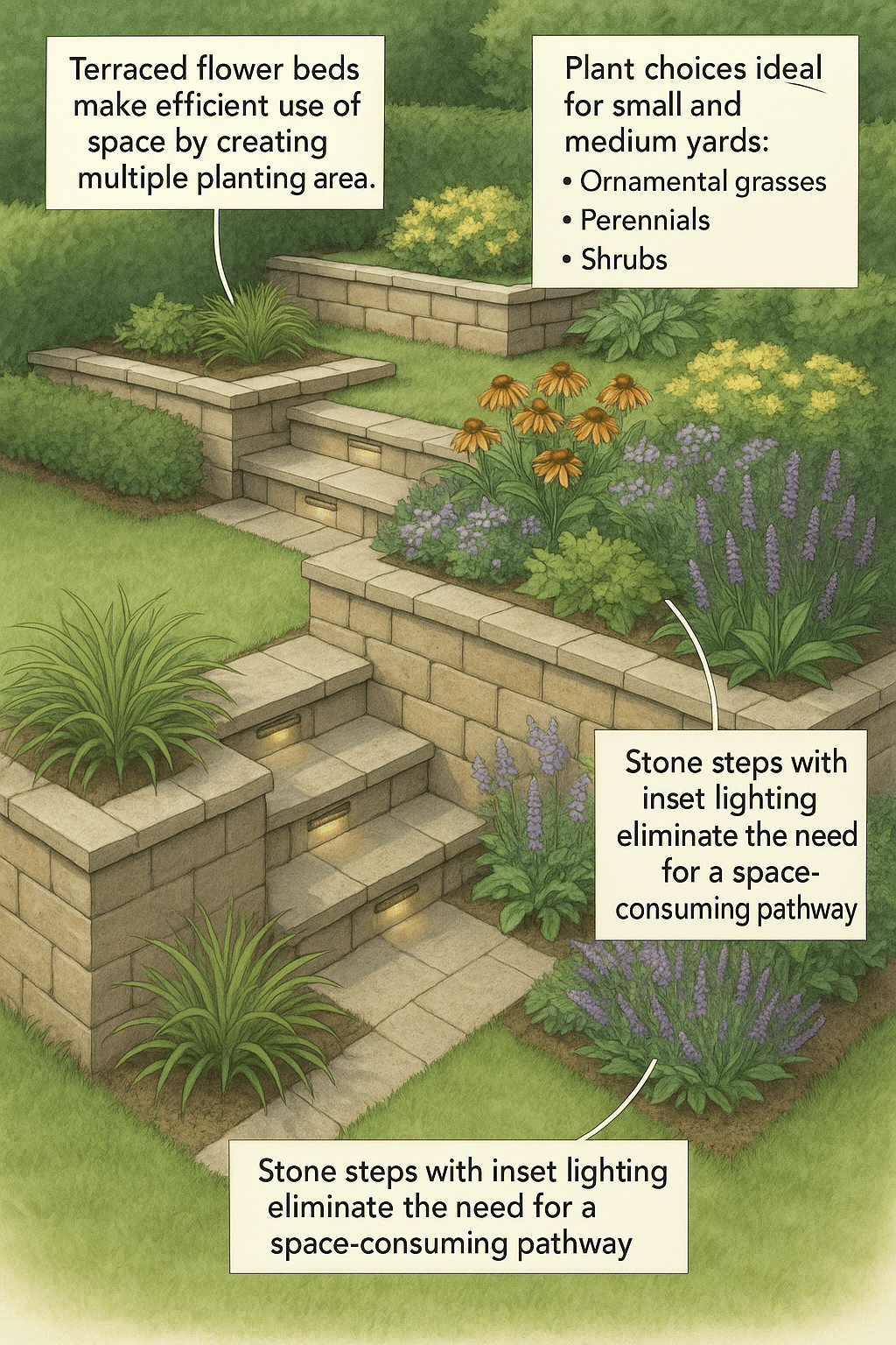 Detailed diagram of multi level backyard landscaping ideas with terraces and lighting for space effi