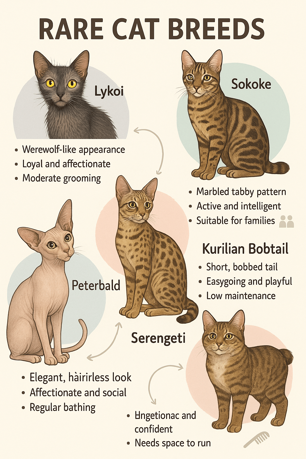Detailed infographic showing five rare cat breeds with care tips for pet owners seeking rare cat bre
