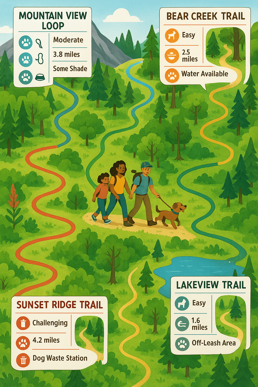 Detailed map of dog friendly hiking trails highlighting routes features and family friendly spots