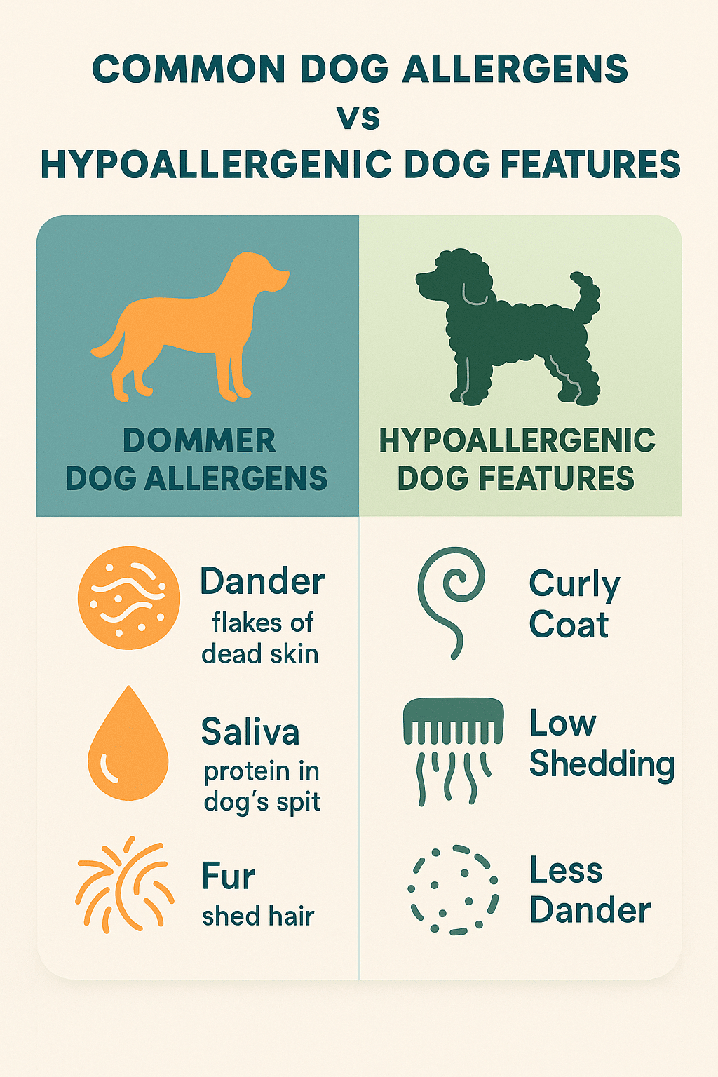 Diagram comparing common dog allergens to hypoallergenic dog features for allergy sensitive families