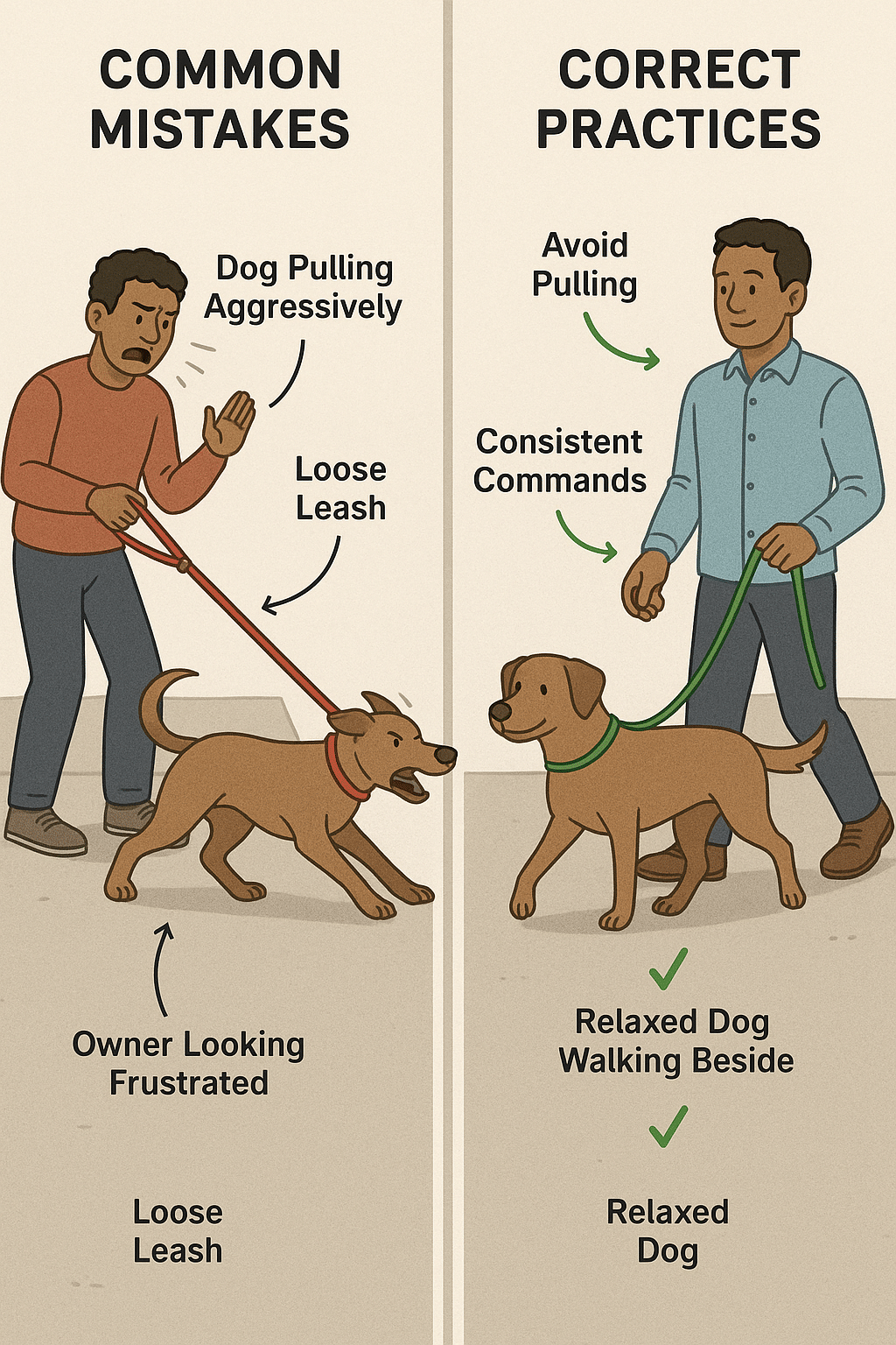 Diagram comparing common mistakes and correct leash training a dog practices with visuals