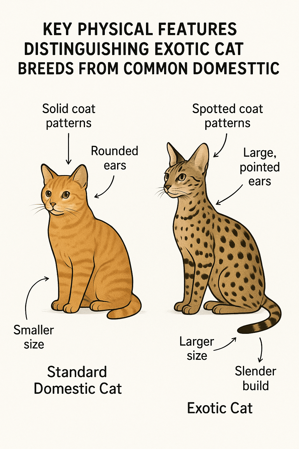 Diagram comparing physical features of exotic cat breeds versus domestic cats for pet owners