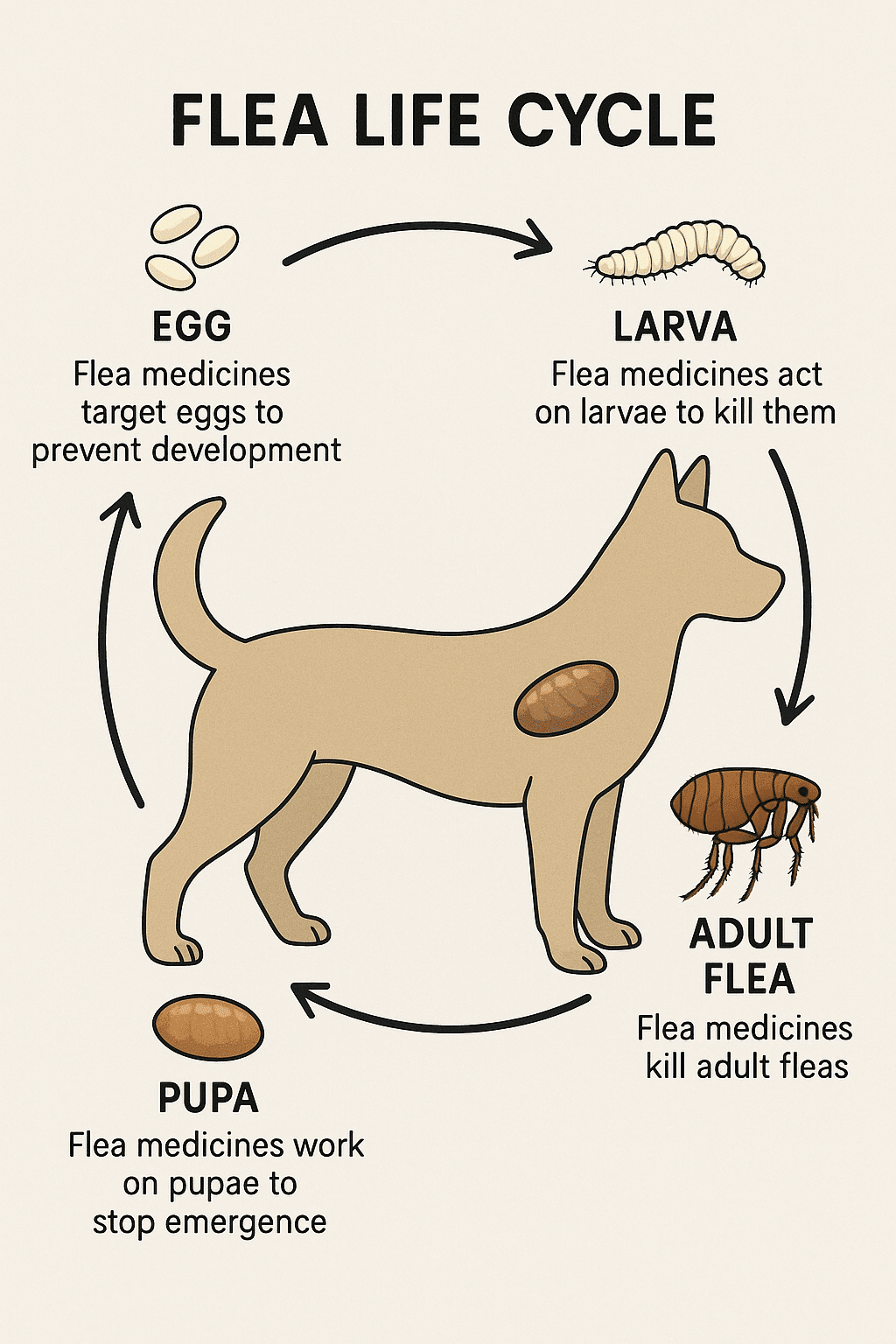 Diagram explaining flea life cycle and how best flea medicine for dogs targets each stage