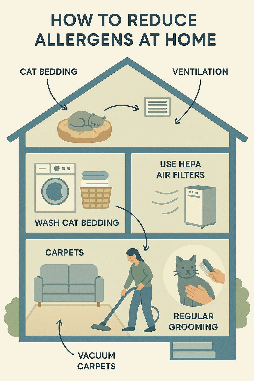 Diagram explaining how to reduce allergens at home for hypoallergenic cats and families