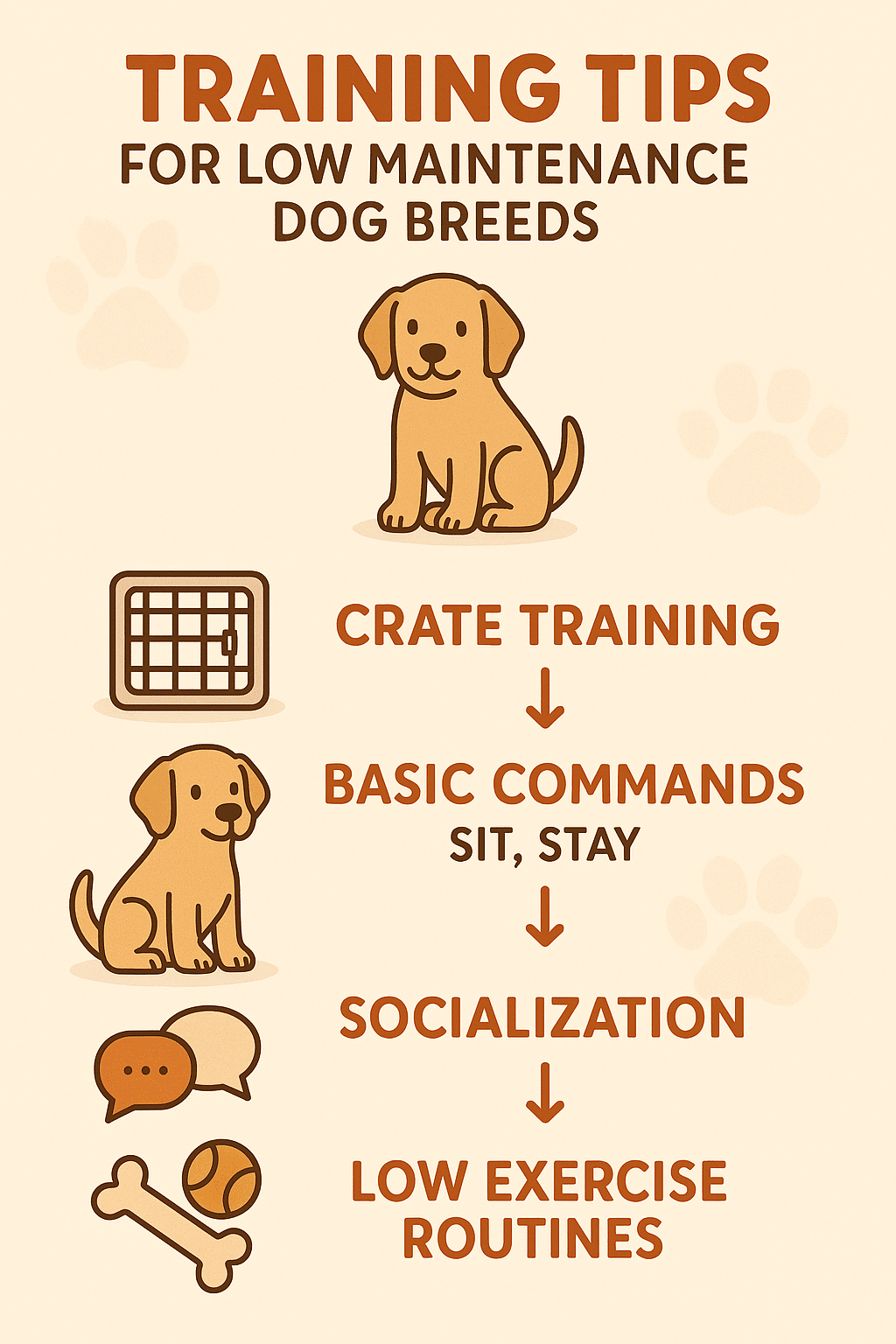 Diagram explaining training tips for low maintenance dog breeds for pet owners