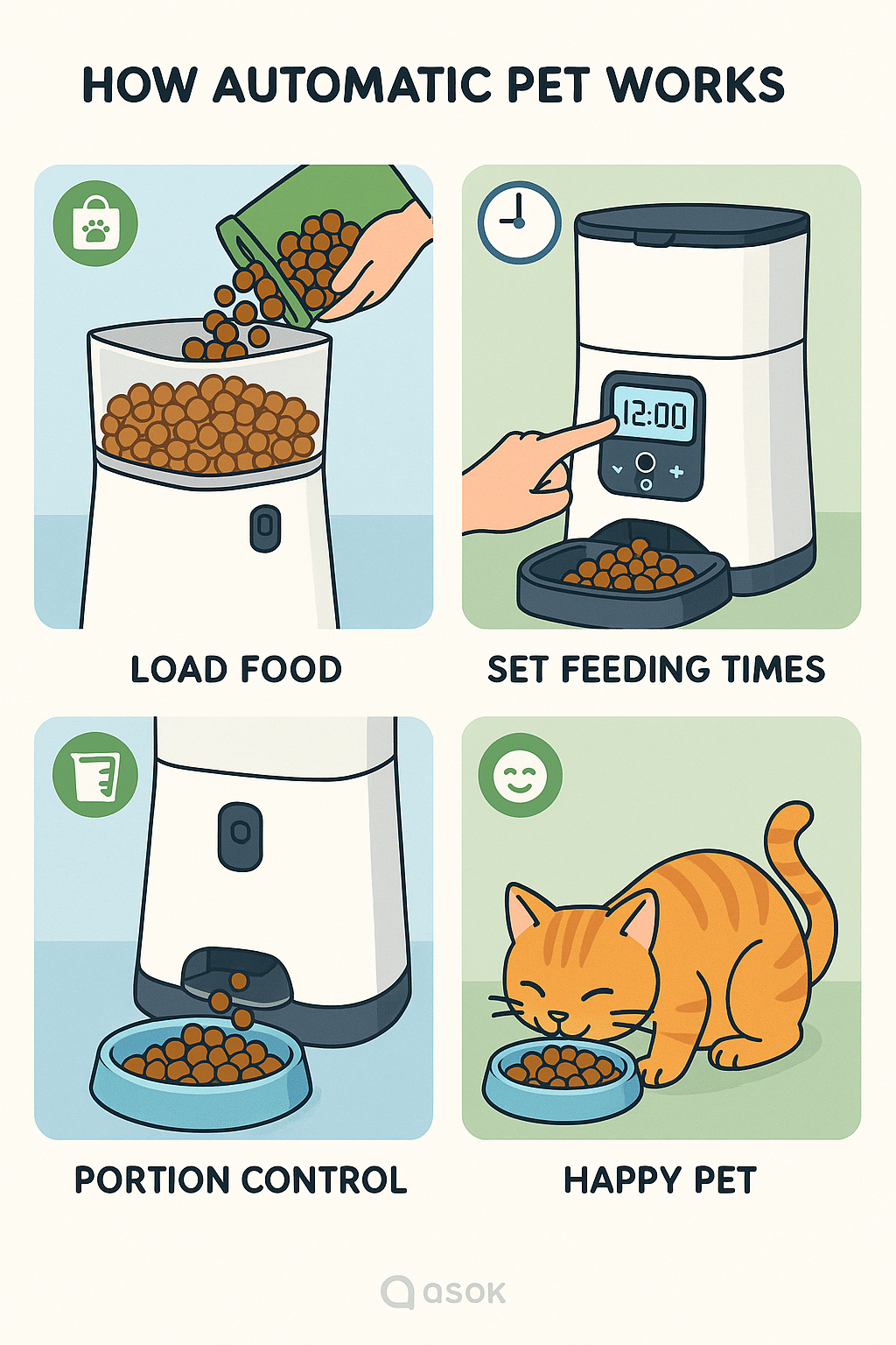 Diagram illustrating how automatic pet feeders work step by step for pet owners