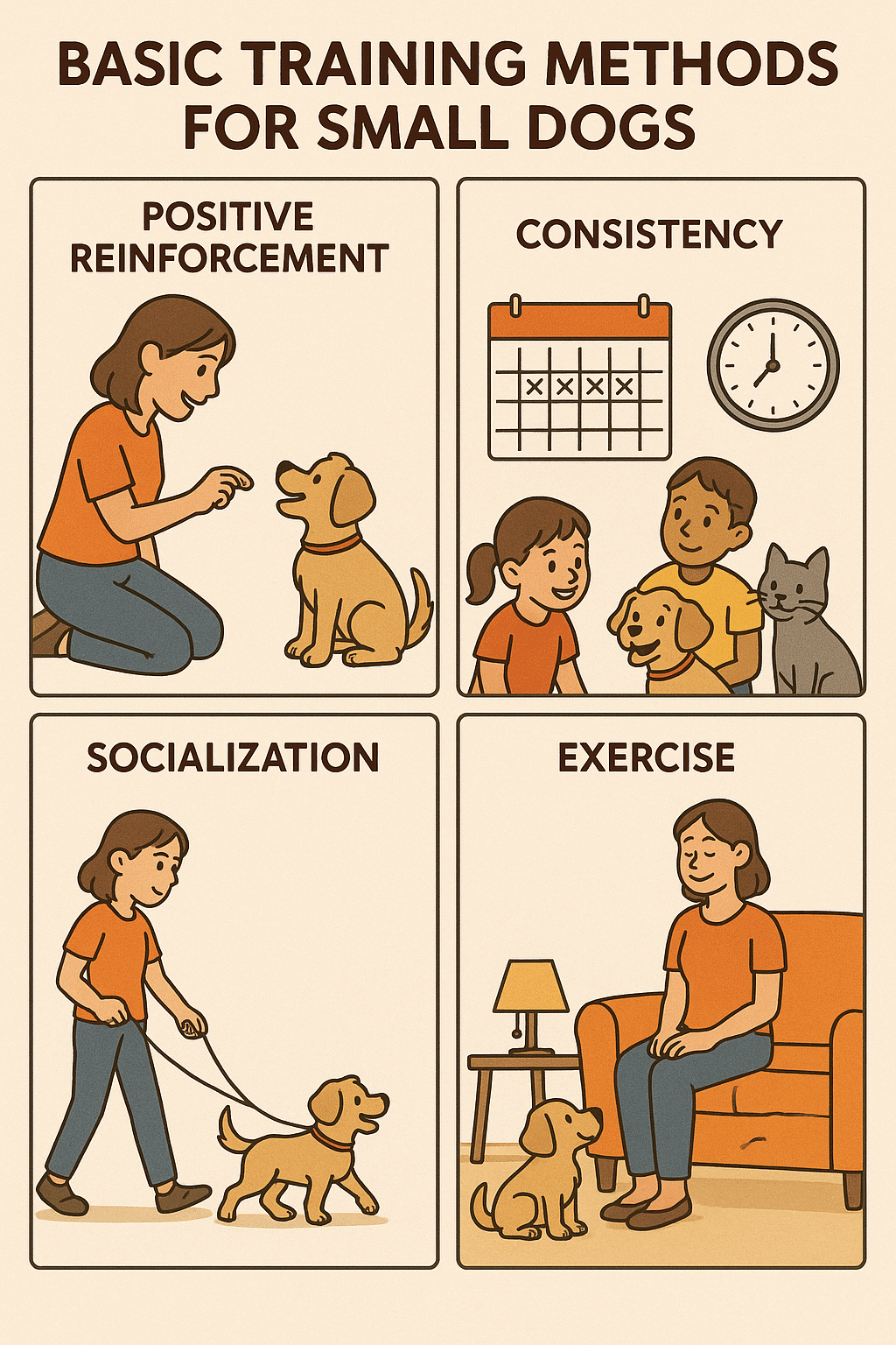 Diagram illustrating key training steps for small dog breeds for pet owners