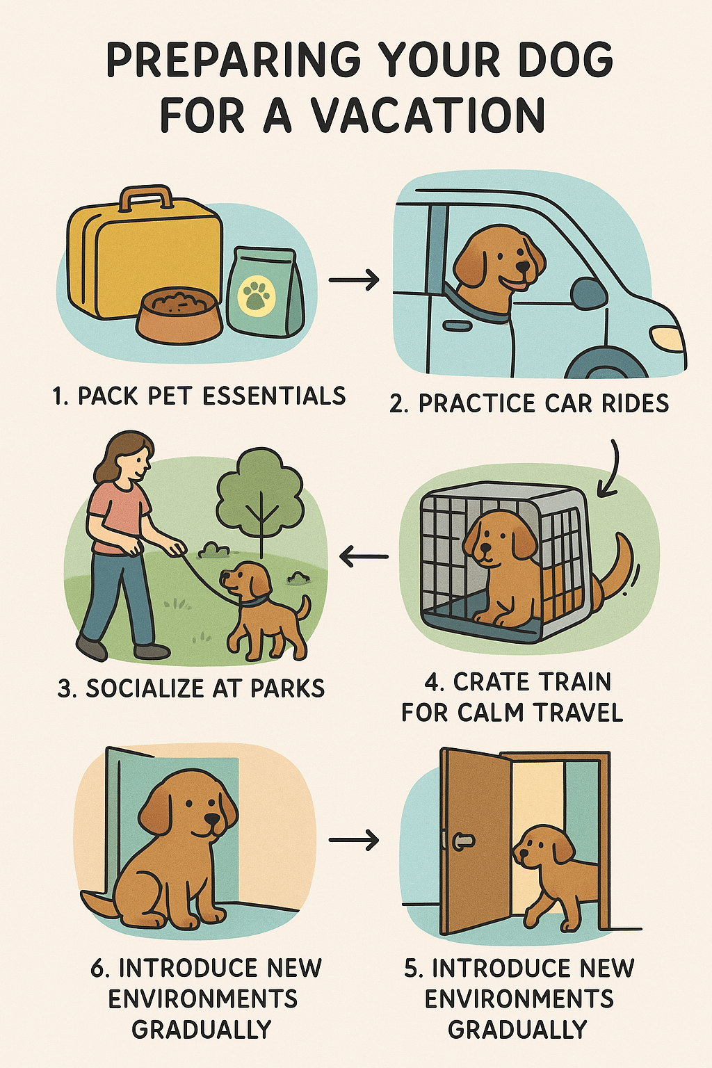 Diagram illustrating steps to train dogs for smooth and stress free pet friendly vacations