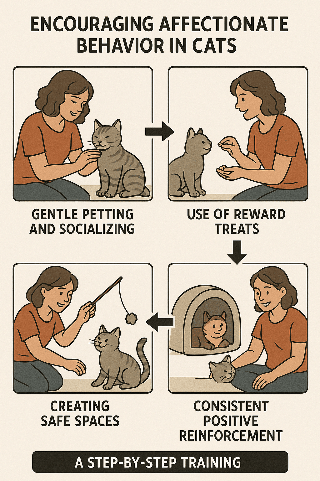 Diagram illustrating training steps to nurture affectionate cat breeds for pet owners