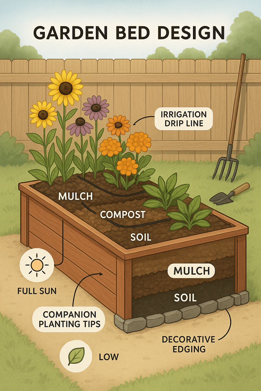 Diagram of a raised garden bed design with planting and irrigation tips for backyard makeover ideas