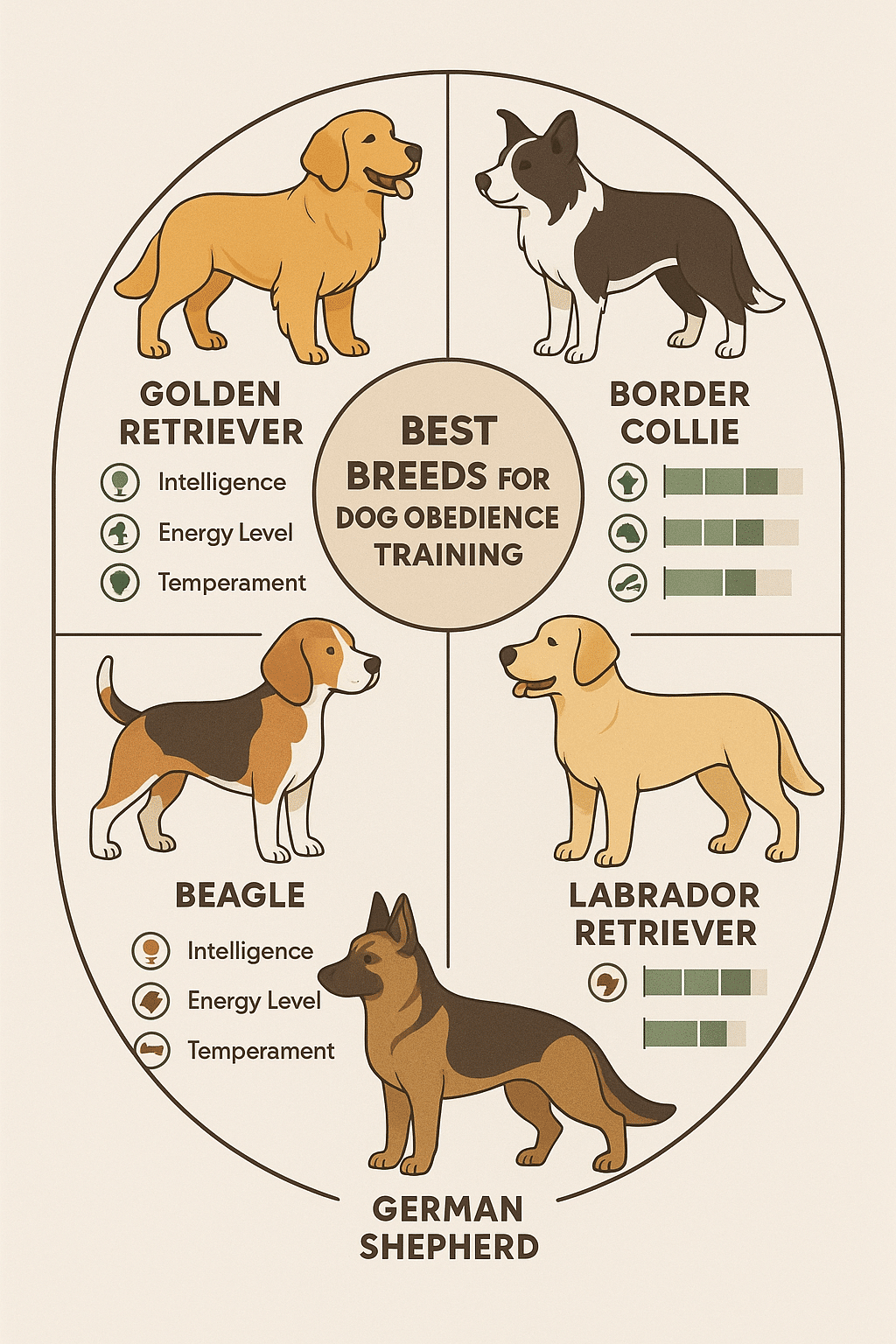 Diagram of best dog breeds for dog obedience training showing traits and suitability