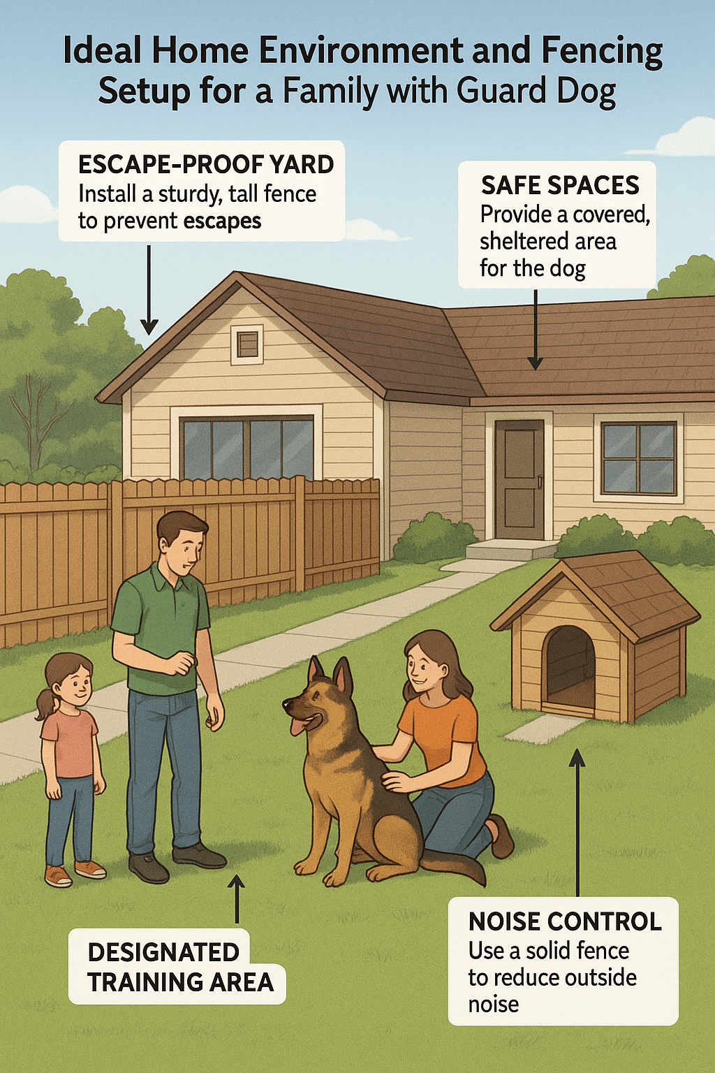 Diagram of home setup for guard dog breeds showing secure yard and training areas for families