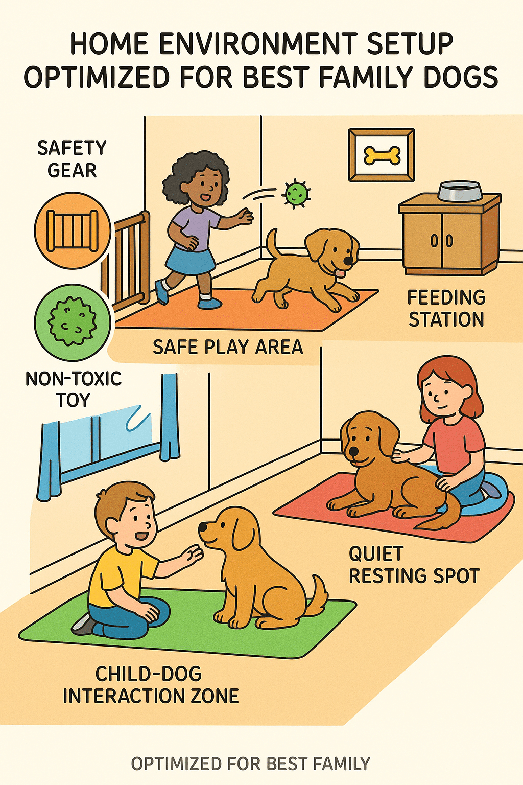 Diagram of safe home setup for best family dogs with play and rest zones