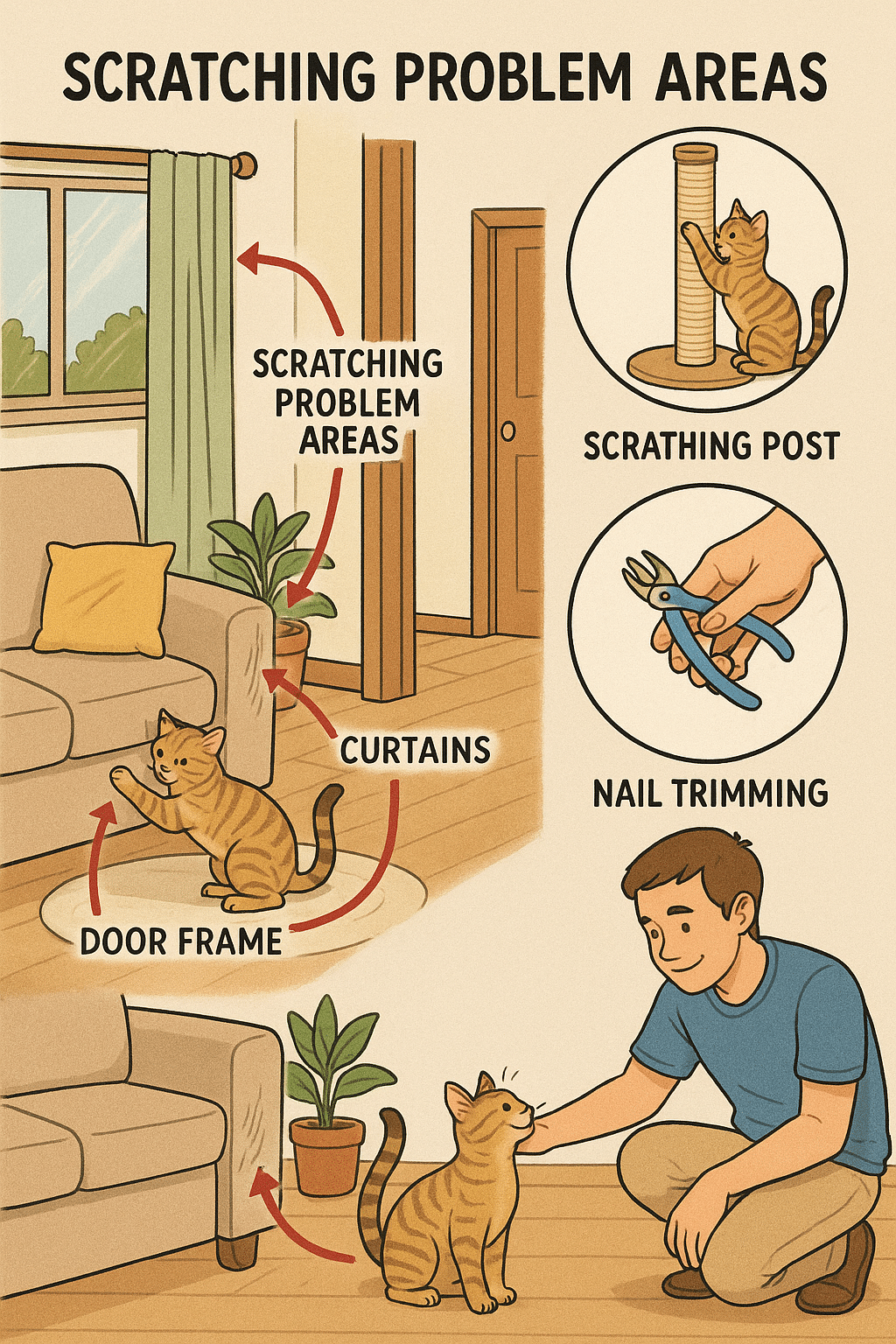 Diagram showing cat scratching behavior problems and offered solutions for pet owners