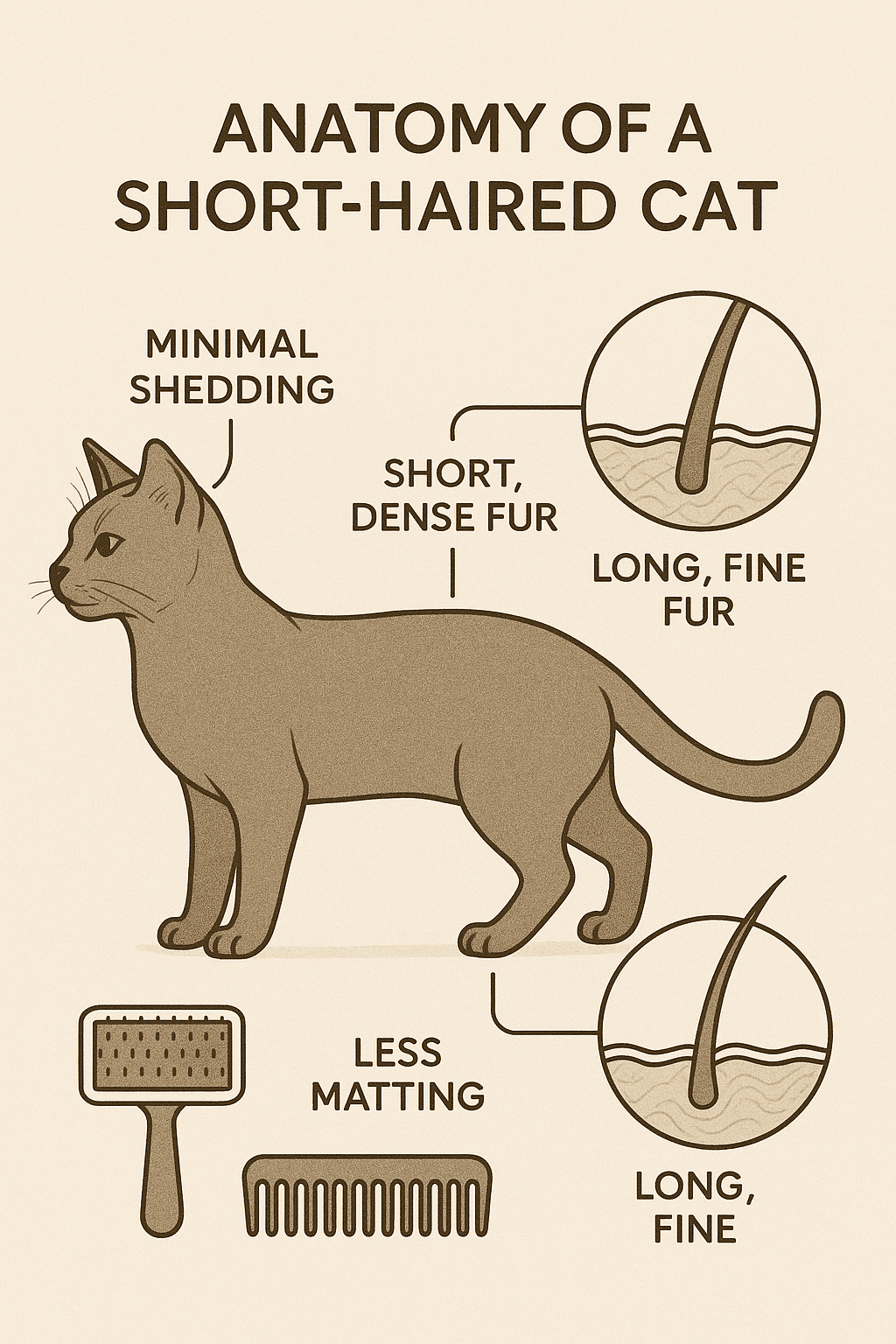 Diagram showing coat structure and grooming benefits of short haired cat breeds