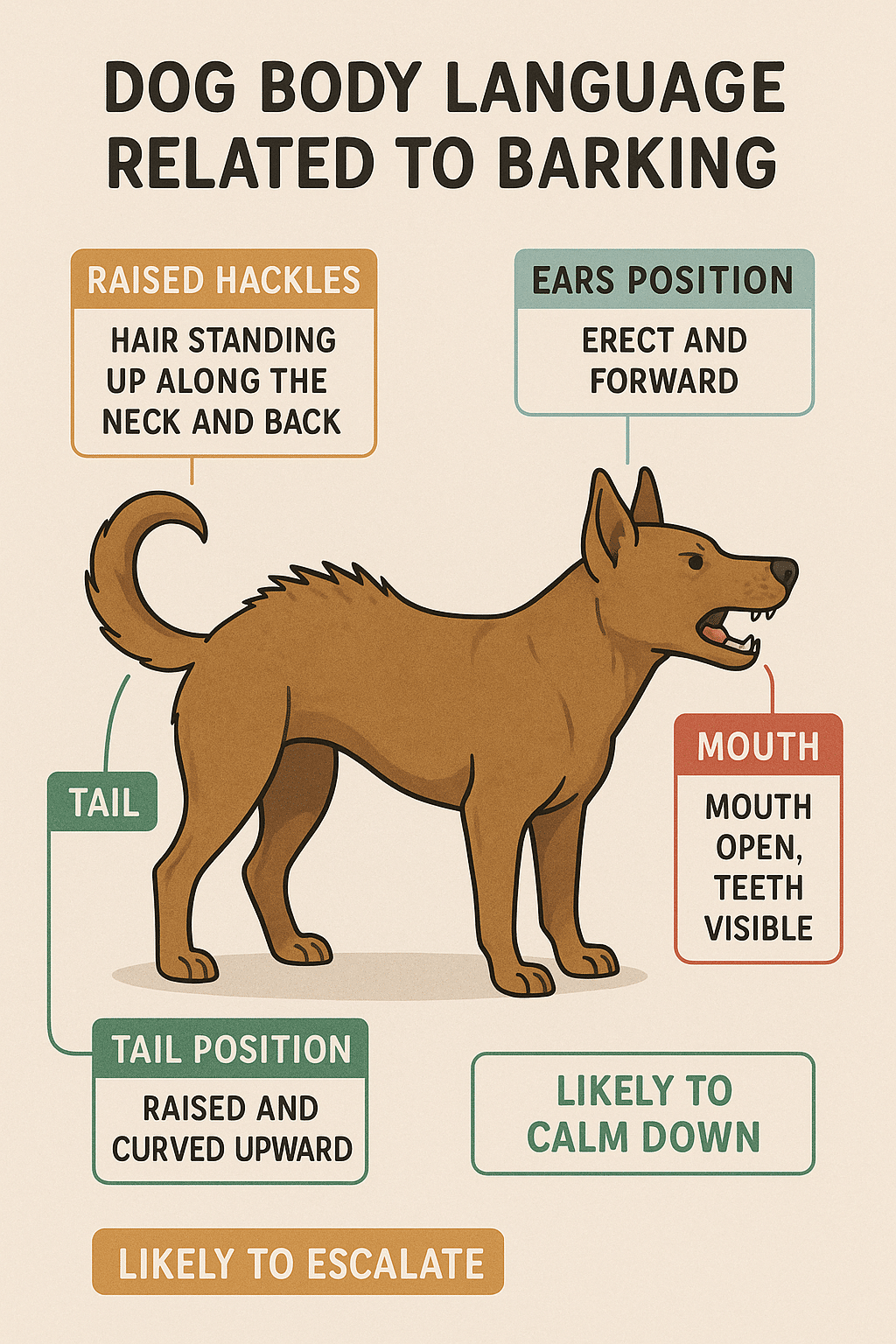 Dog body language diagram explaining signs linked to barking behavior and how to stop dog barking