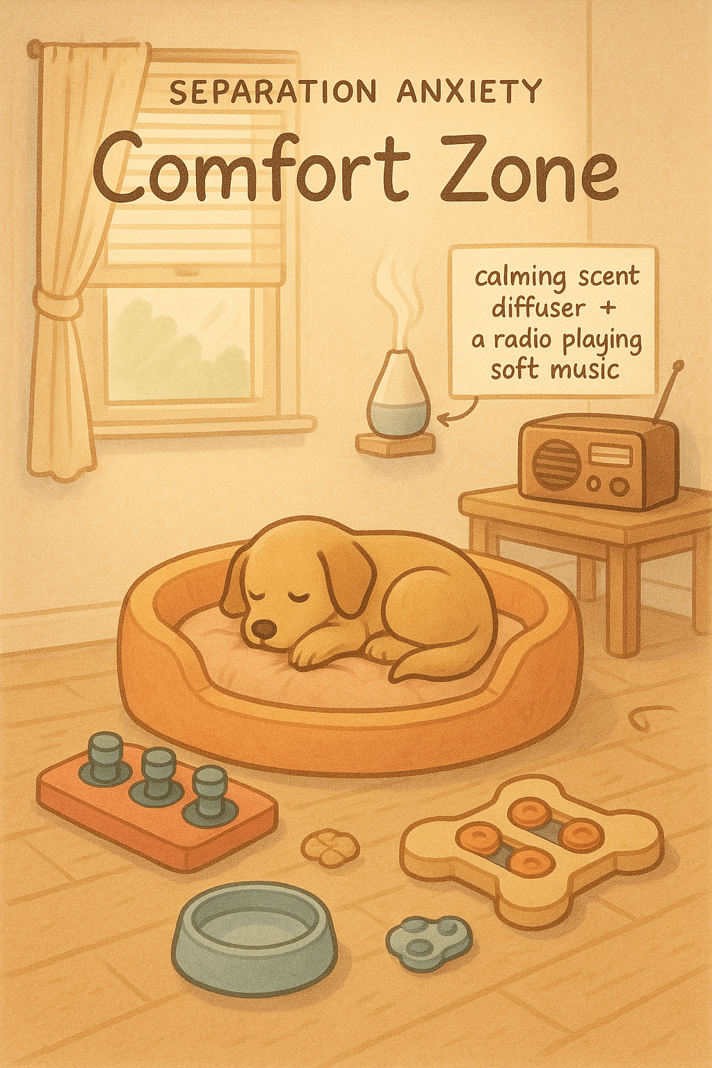 Dog comfort zone home setup to help prevent and manage separation anxiety in dogs
