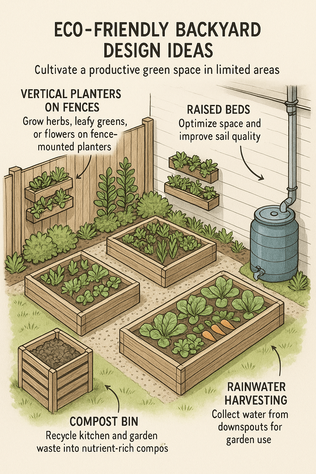 Eco friendly backyard garden schematic with raised beds and vertical planters for backyard design id