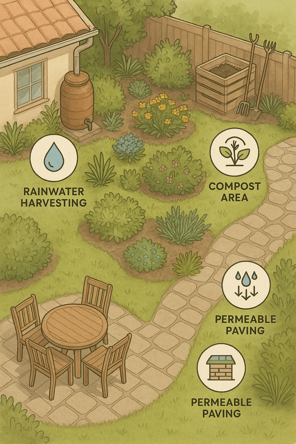 Eco friendly backyard landscaping ideas including rainwater harvesting and native plants illustratio