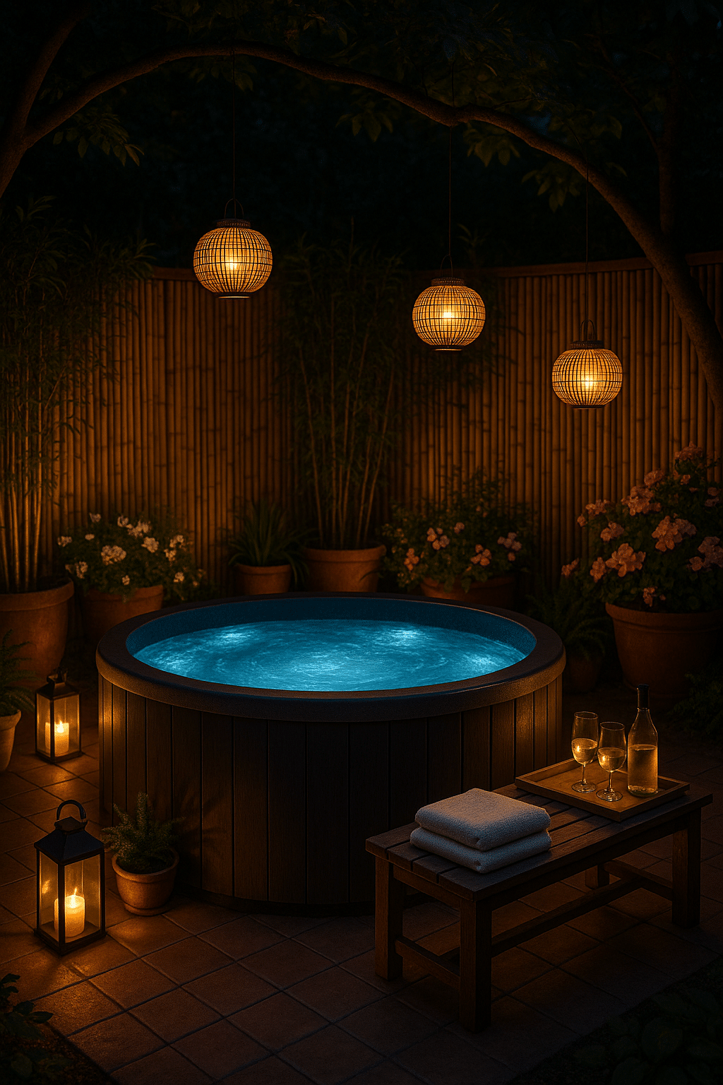 Evening backyard hot tub scene with LED lights privacy screens and lush plants perfect backyard h