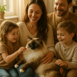 Family bonding with a long haired cat breed in a cozy home environment
