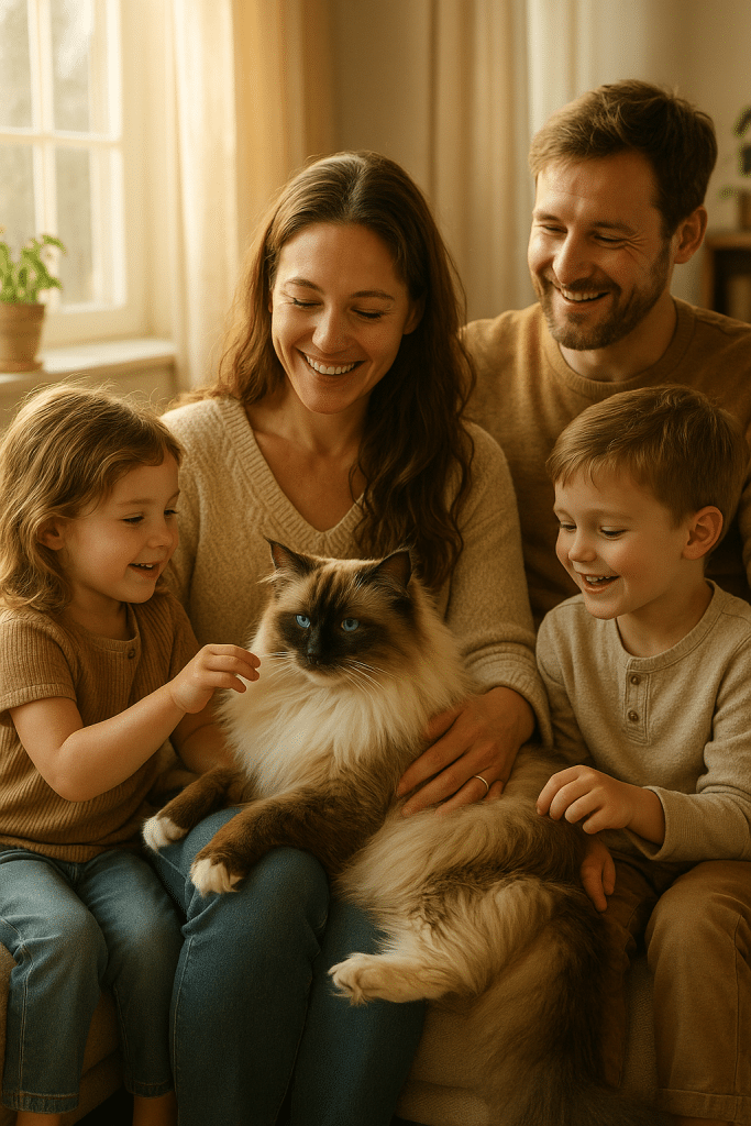 Family bonding with a long haired cat breed in a cozy home environment