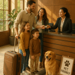 Family checking into a welcoming pet friendly hotel with dog and visible pet amenities.