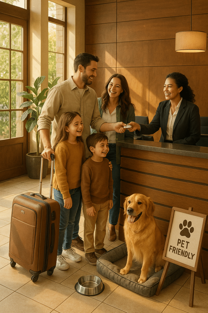 Family checking into a welcoming pet friendly hotel with dog and visible pet amenities.