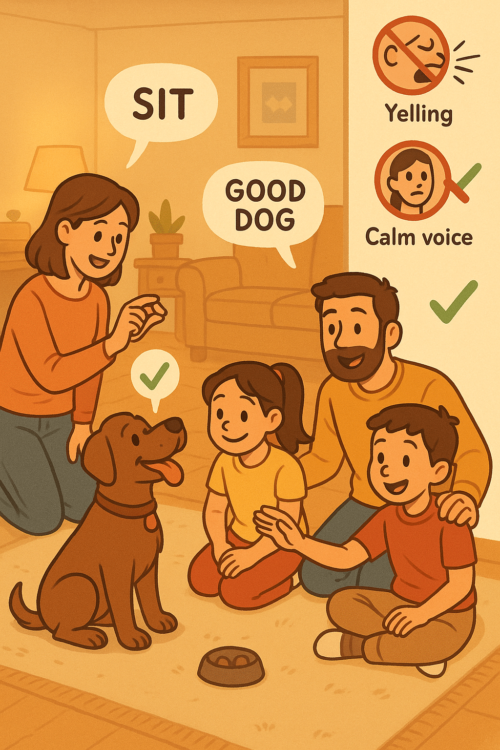 Family dog obedience training session showing correct techniques and common mistakes